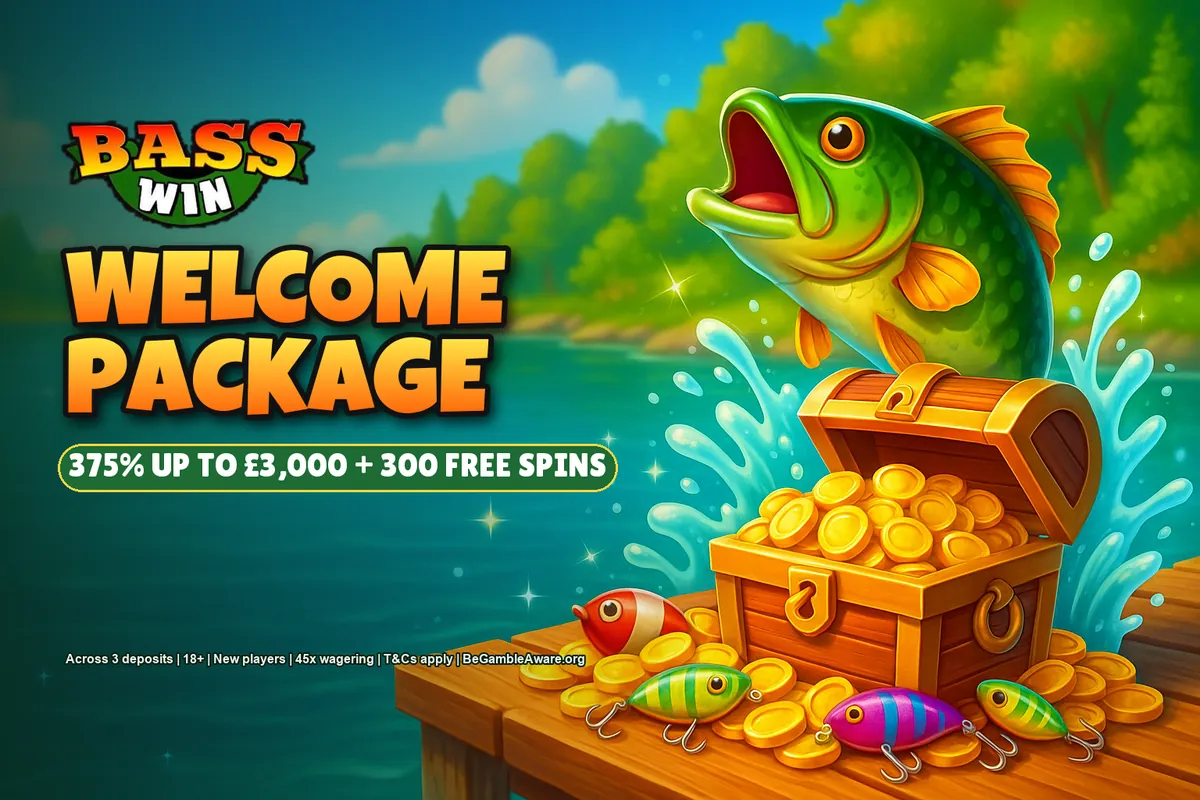 Basswin welcome package banner: 375% up to £3,000 and 300 free spins