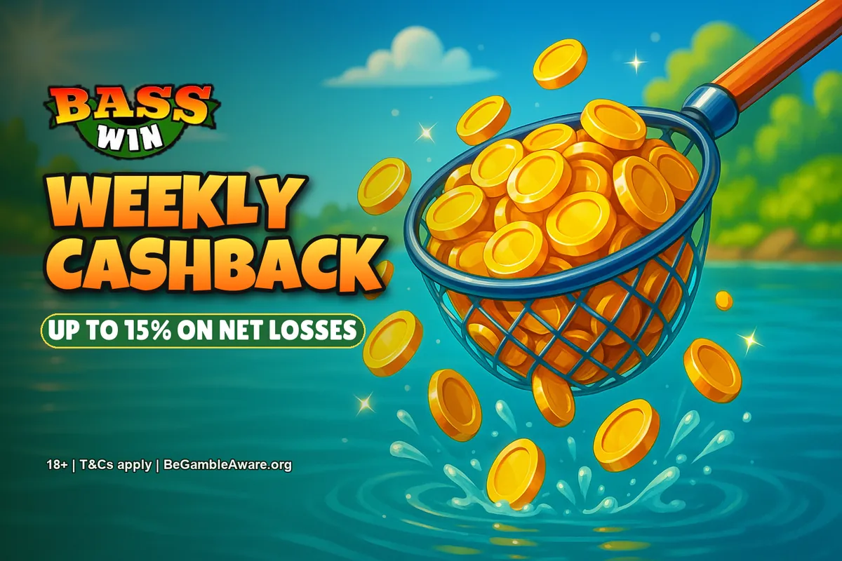 Basswin weekly cashback banner, up to 15% on net losses