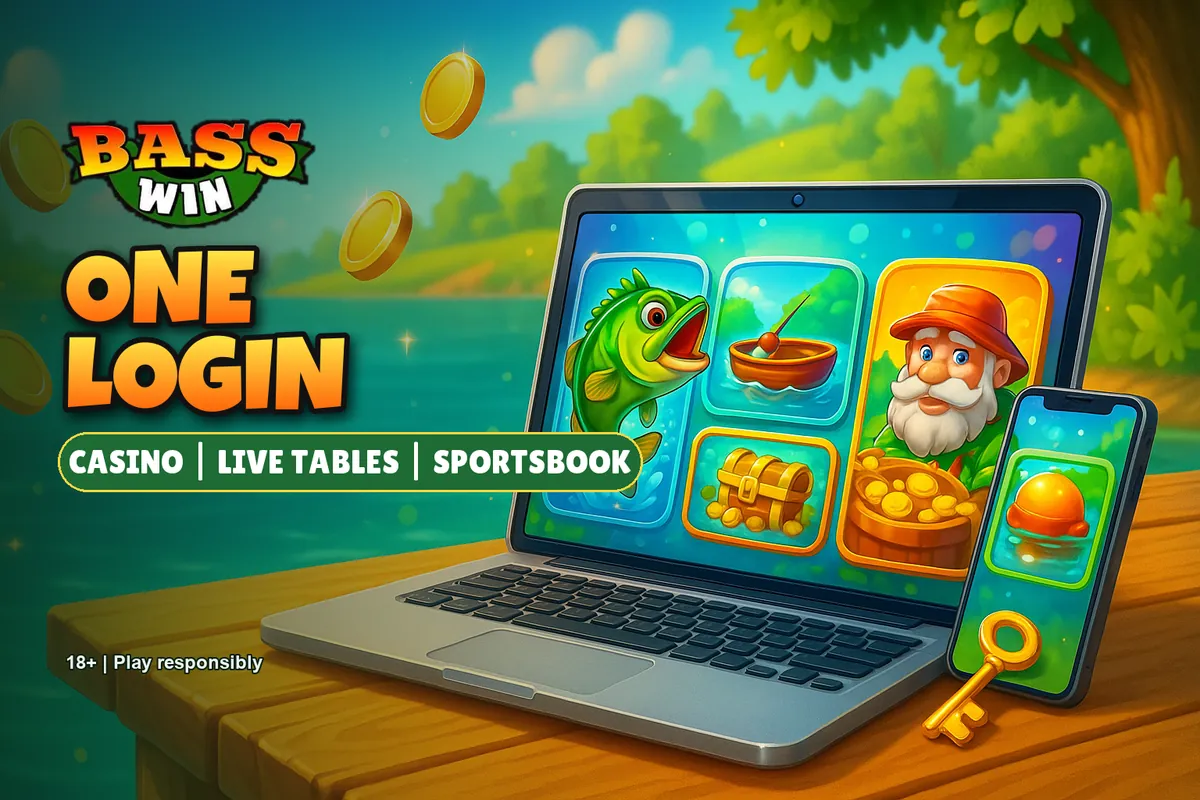 Basswin login banner: one account for casino, live tables and sportsbook