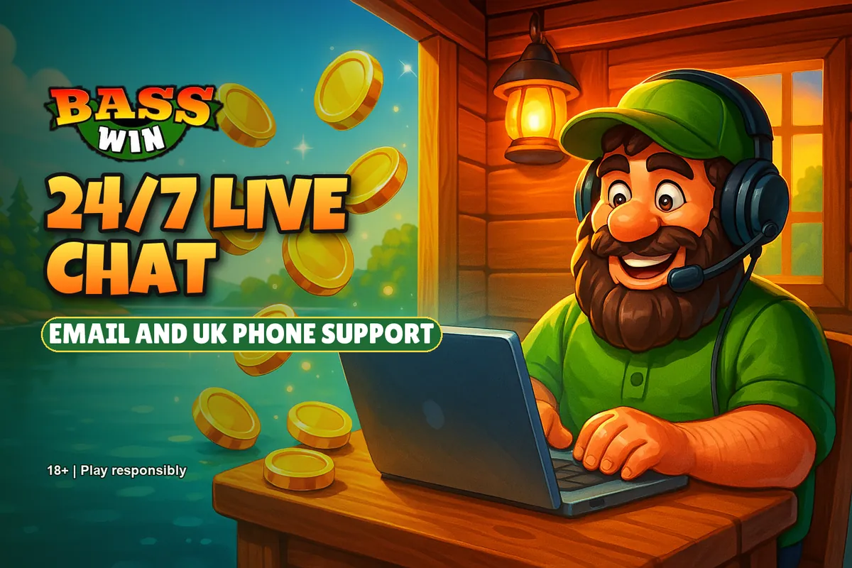 Basswin support banner: 24/7 live chat, email and UK phone