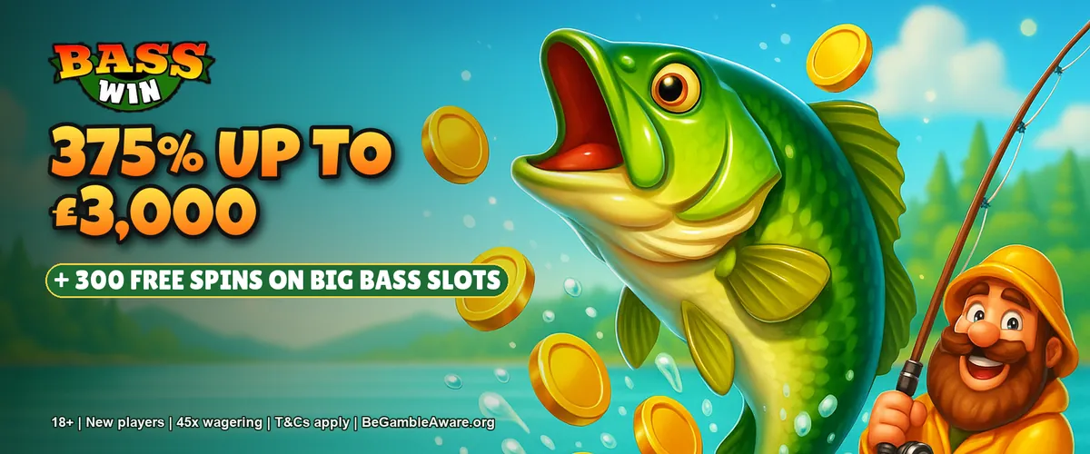 Bass Win casino welcome offer: 375% up to £3,000 and 300 free spins on Big Bass slots