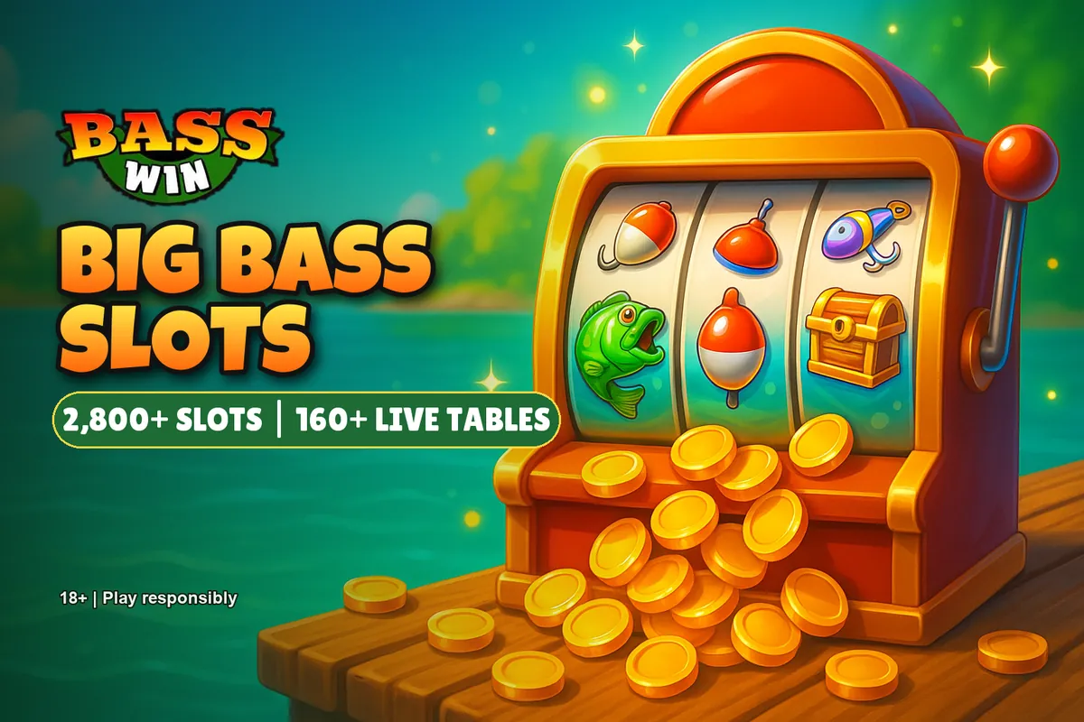 Basswin Big Bass slots banner: 2,800+ slots and 160+ live tables